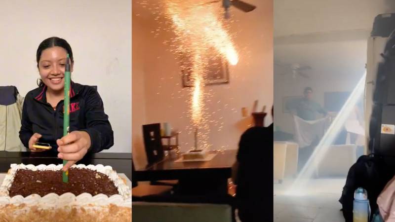 Jóvenes colocan fuego artificial como vela en pastel de cumpleaños | Video  viral