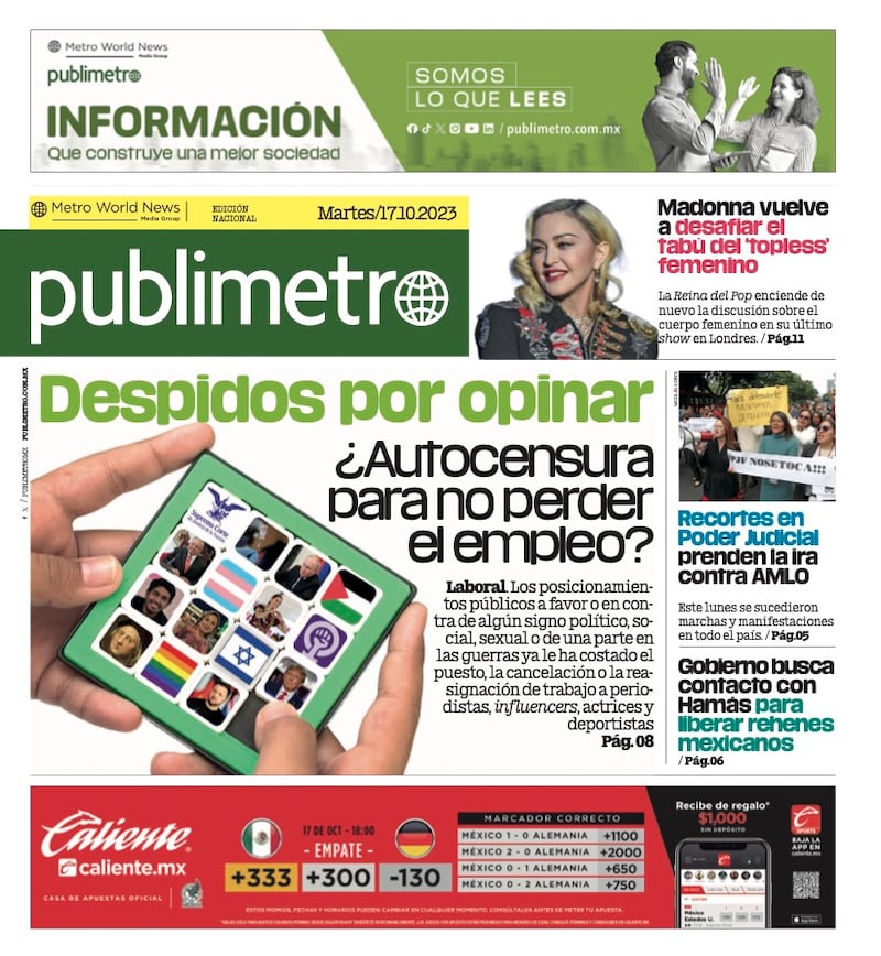 Esta es la portada de Publimetro de este 16 de octubre de 2023