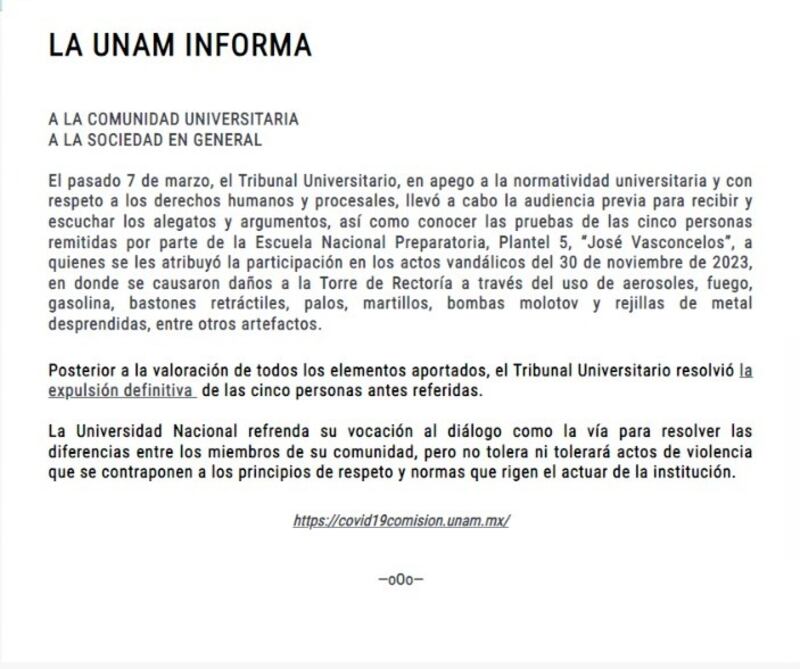 Comunicado sobre expulsión de alumnos de Prepa 5 de la UNAM