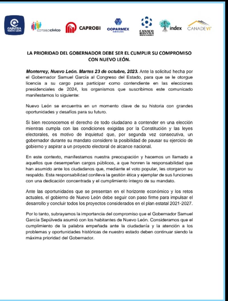 La carta firmada en conjunto por diferentes organismos señala que el gobernador debe cumplir con los ciudadanos.