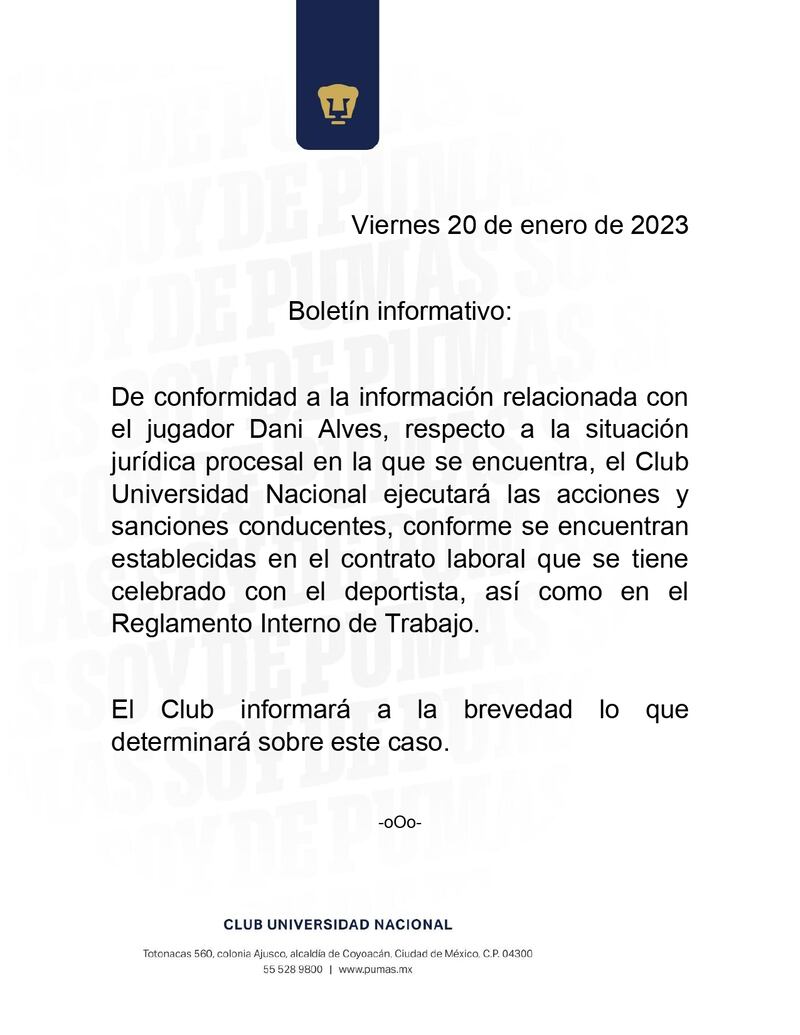 Comunicado de Pumas sobre el caso Dani Alves.