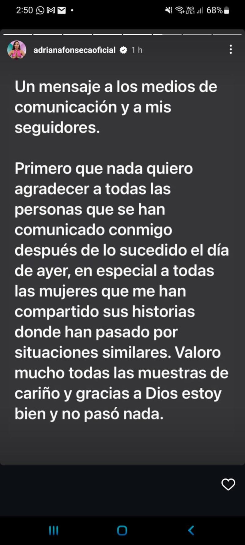 Adriana Fonseca lanza comunicado tras agresión de chofer de Uber