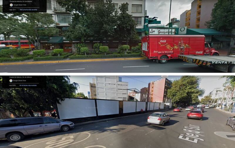 Comparativo de la esquina de Insurgentes y Eje 5 entre 2011 y 2023.