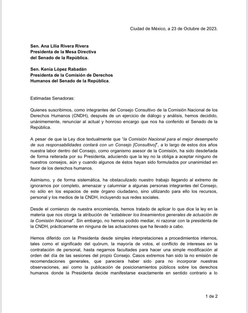 Carta del Consejo Consultivo de la CNDH (Senado)