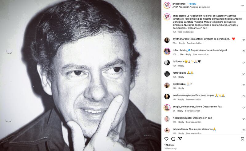 Publicación de la ANDA en Instagram sobre el fallecimiento de Antonio Miguel