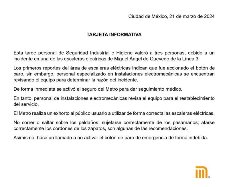 Metro CDMX: Usuarios caen de escaleras electricas en Miguel Ángel de Quevedo de la Línea 3