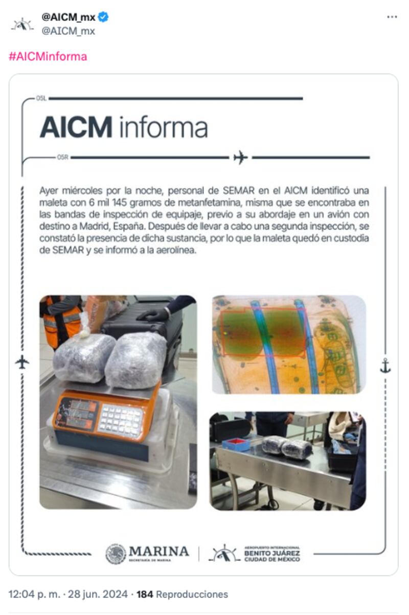 Intentan transportar maleta con metanfetaminas a Madrid desde el AICM
