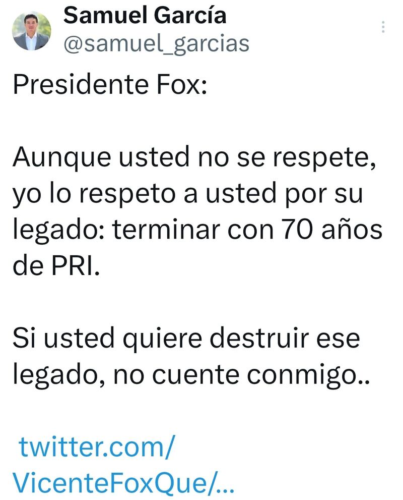 Este es el tuit con la respuesta de Samuel a Fox.