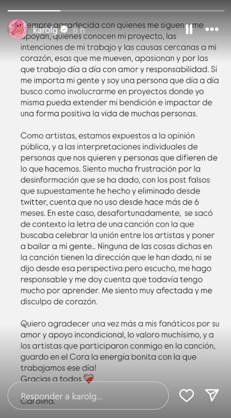 Karol G dijo por medio d eun comunicado en IG que la letra de su nueva canción fue malinterpretada