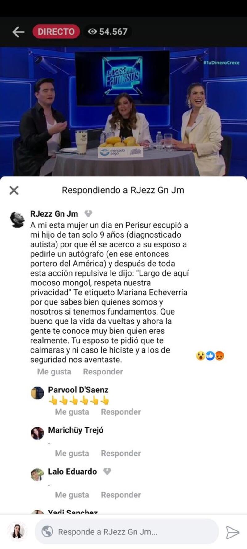 Captura de pantalla del comentario sobre Mariana Echeverría