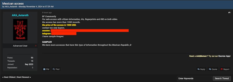 Publicación en el foro de la deep web donde ponen a la venta datos biométricos de miles de mexicanos.