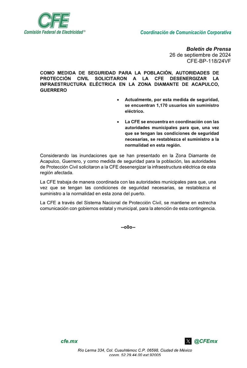 Comunicado CFE en Acapulco