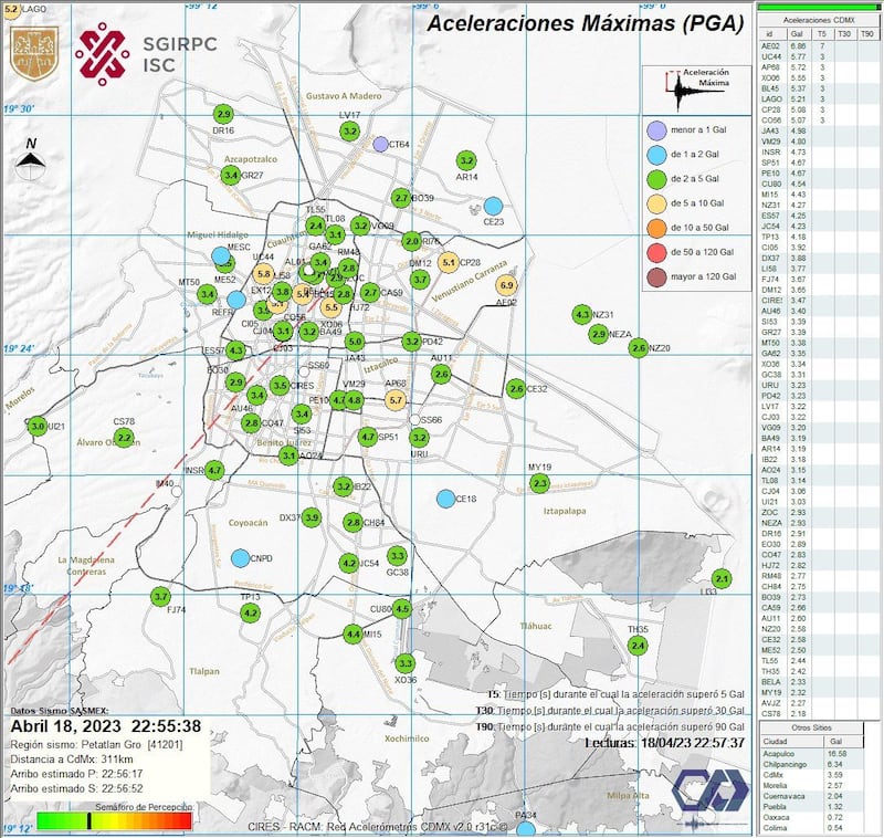 Así aparece la intensidad del sismo de este 18 de abril en México.