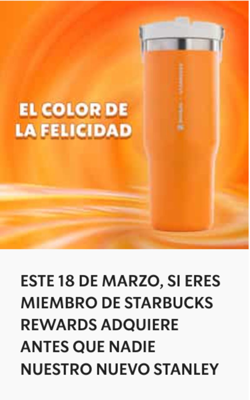 Vaso Stanley naranja de Starbucks se venderá con cupón Rewards el 18 de marzo