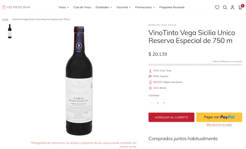 Precio de botellas de vino Vega Sicilia, robadas en domicilio de Angélica rivera