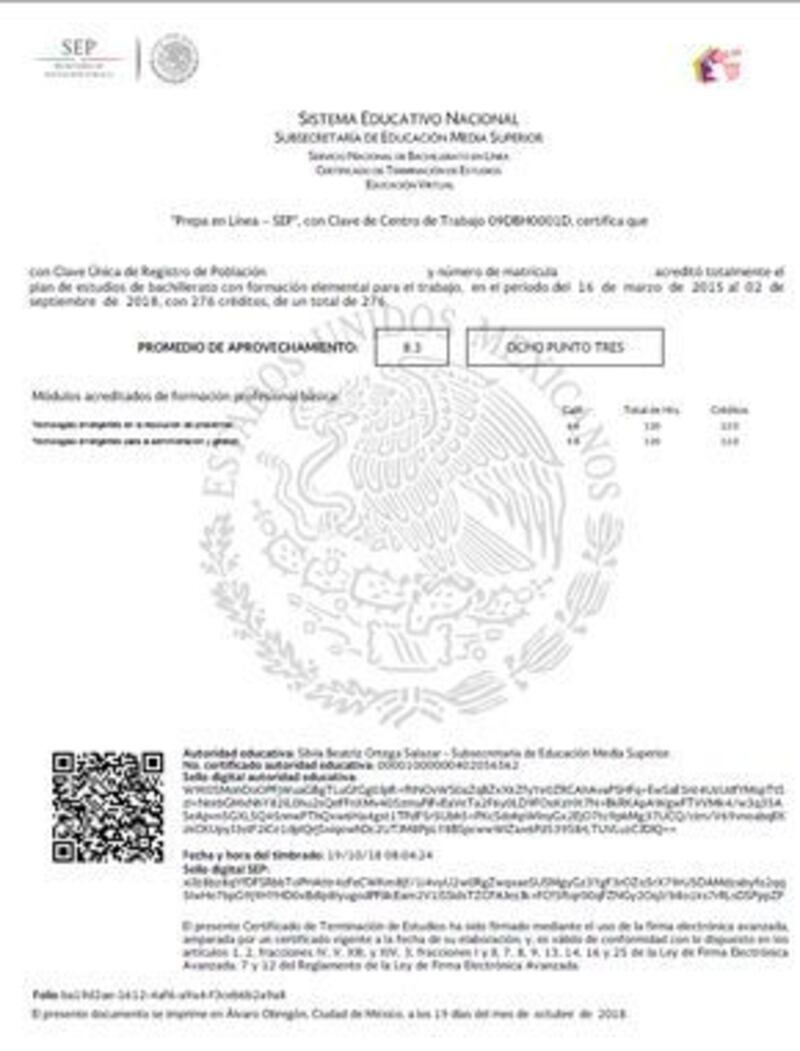 Certificado Bachillerato