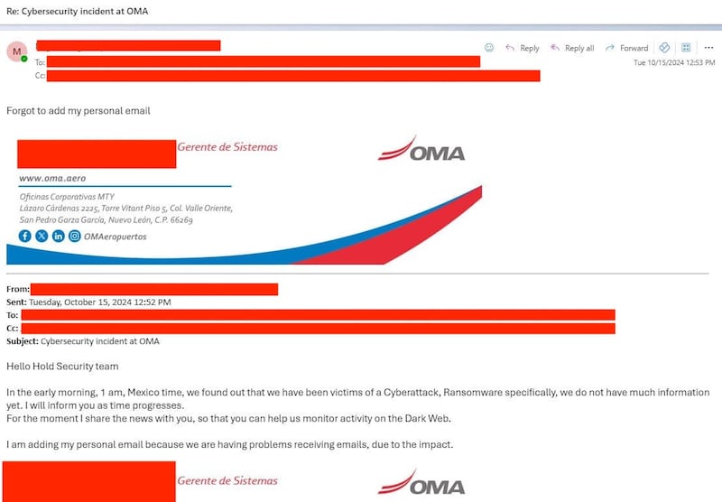 Evidencia filtrada por RansomHub de que intervinieron los correos electrónicos de los trabajadores de OMA.