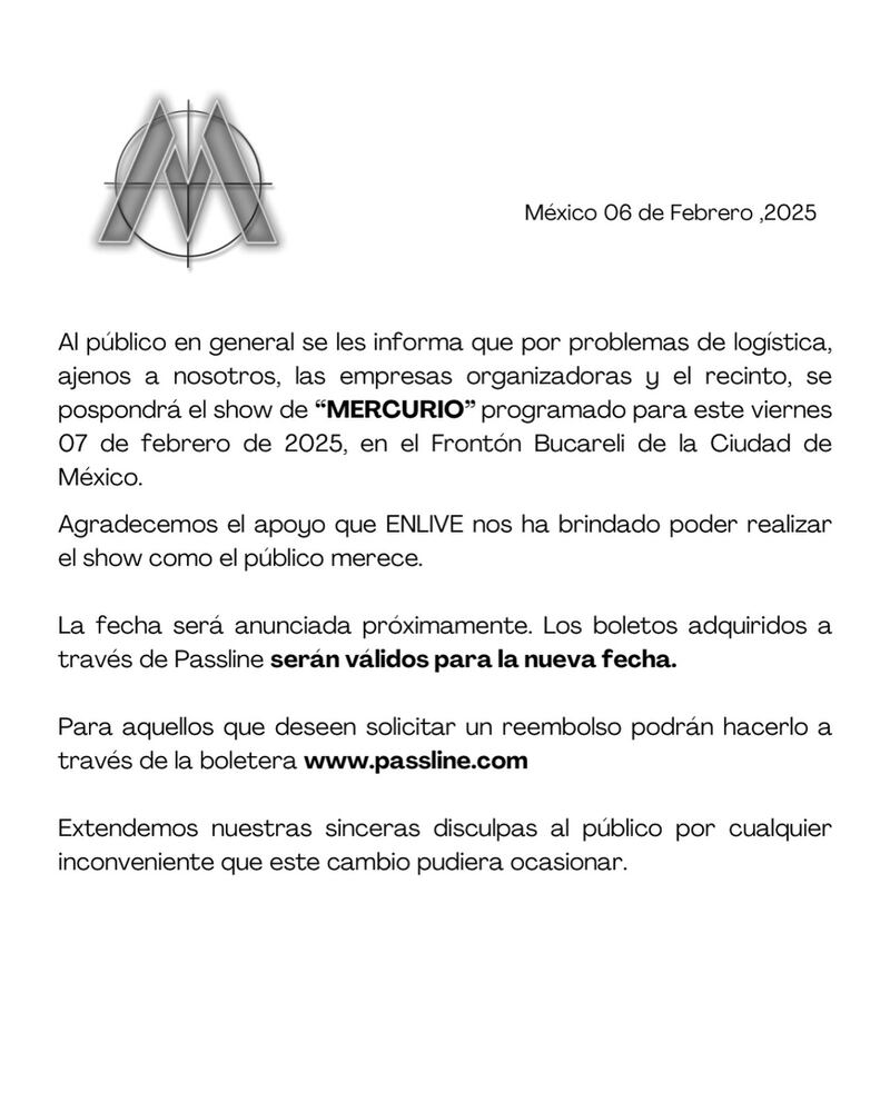 Mercurio cancela su presentación en CDMX