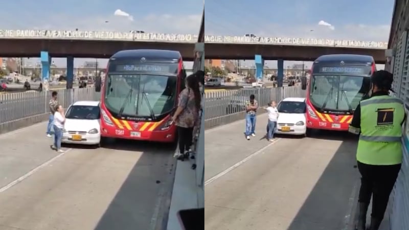 Una mujer se metió con su carro en el carril de TransMilenio, la estrellaron y tras del hecho le reclamó al conductor