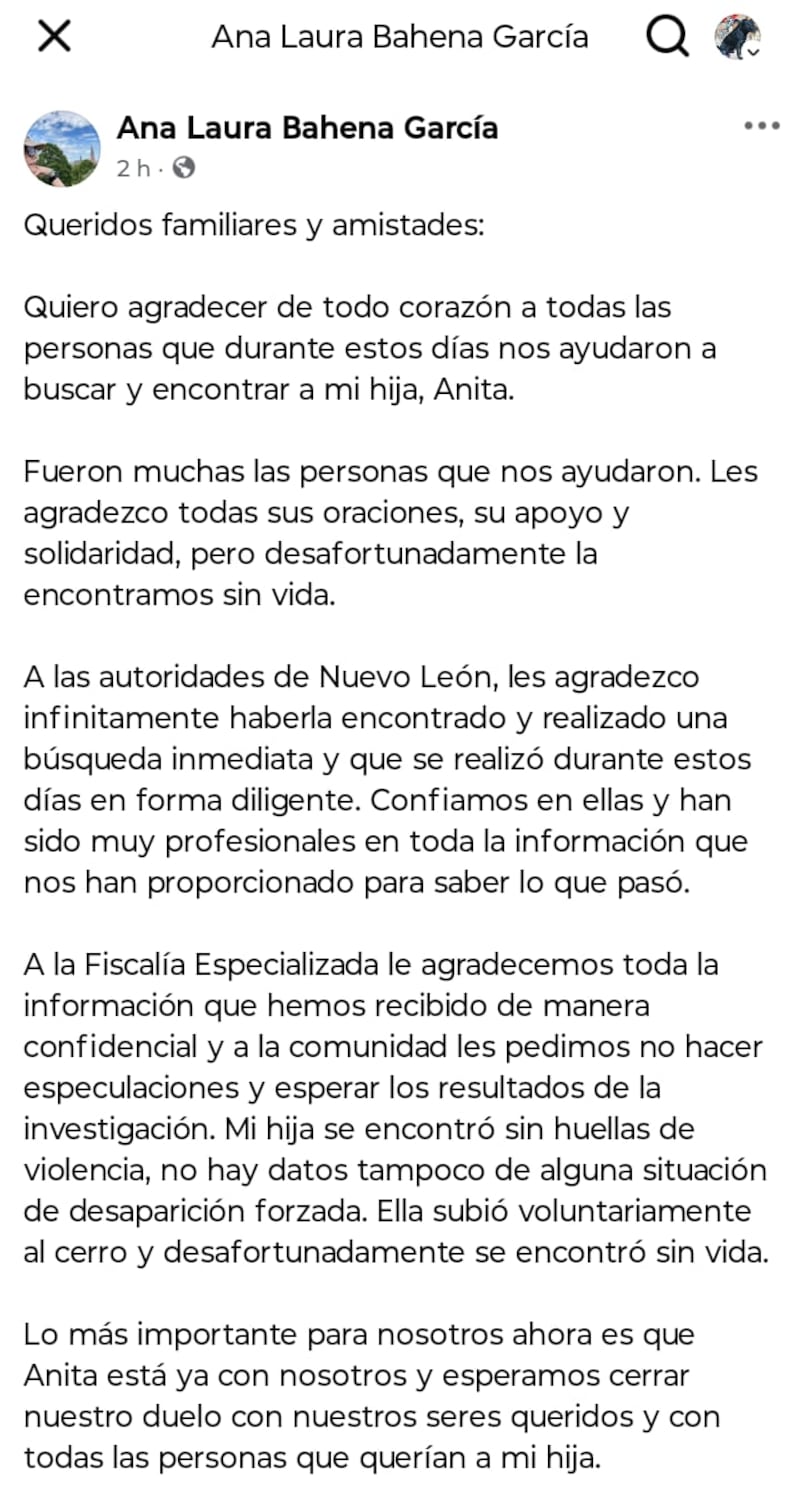 La madre de Ana Carolina solicitó a la ciudadanía no especular sobre las causas de la muerte de su hija.