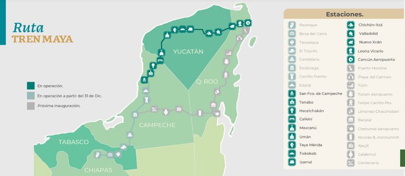 Estaciones operando y por operar en la ruta del Tren Maya