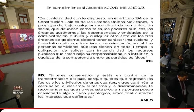 AMLO cumplió con colocar el mensaje previo que solicitó el INE y la adición que él propuso.