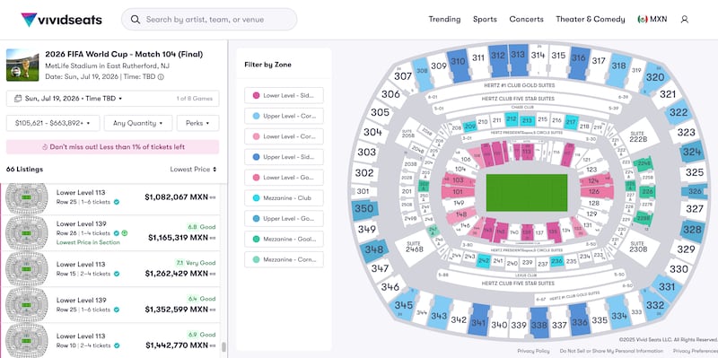 Los precios para la final del Mundial 2026 superan el millón de pesos en sitios de reventa.