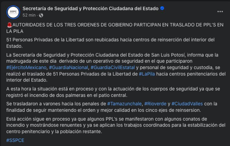 Personas privadas de la libertad incendian penal de La Pila en San Luis Potosí