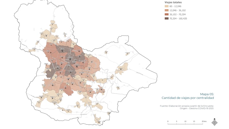 Mapa de viajes diarios en la zona metropolitana, la ciudad está diseñada para desplazarse hacia Guadalajara.