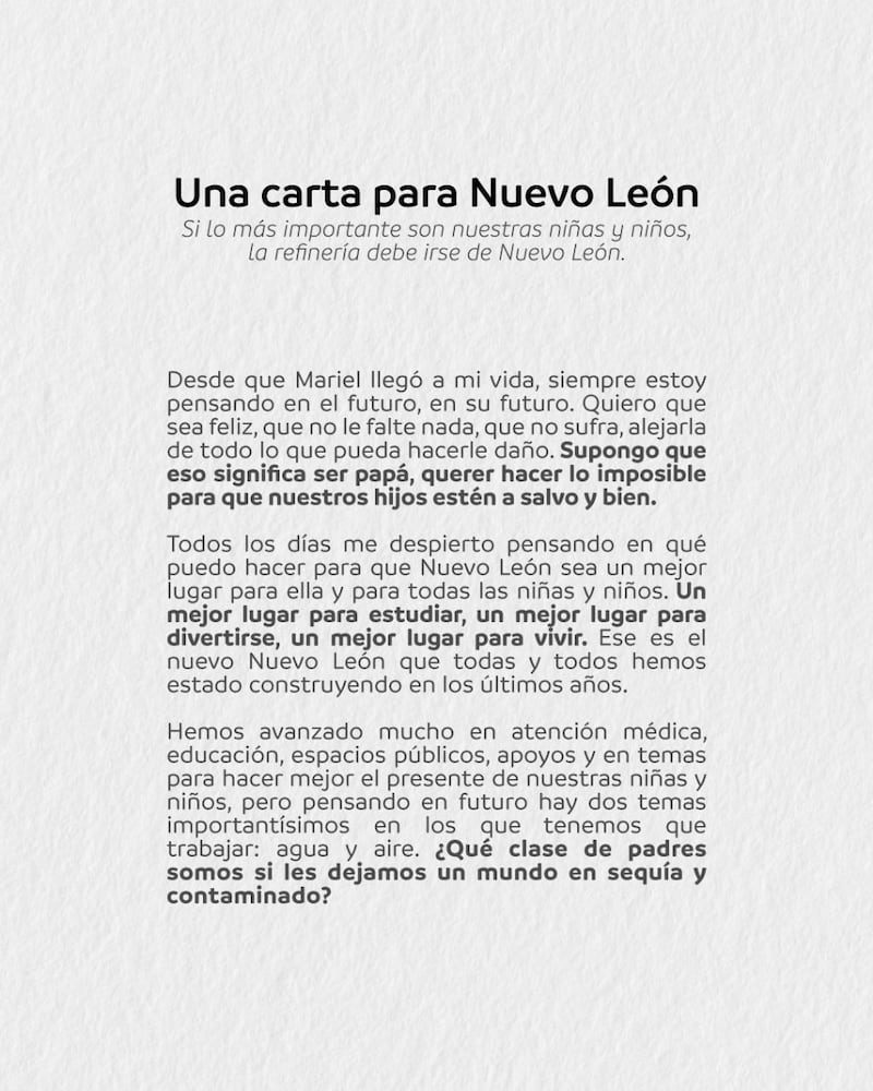 García compartió en sus redes "Una carta para Nuevo León".