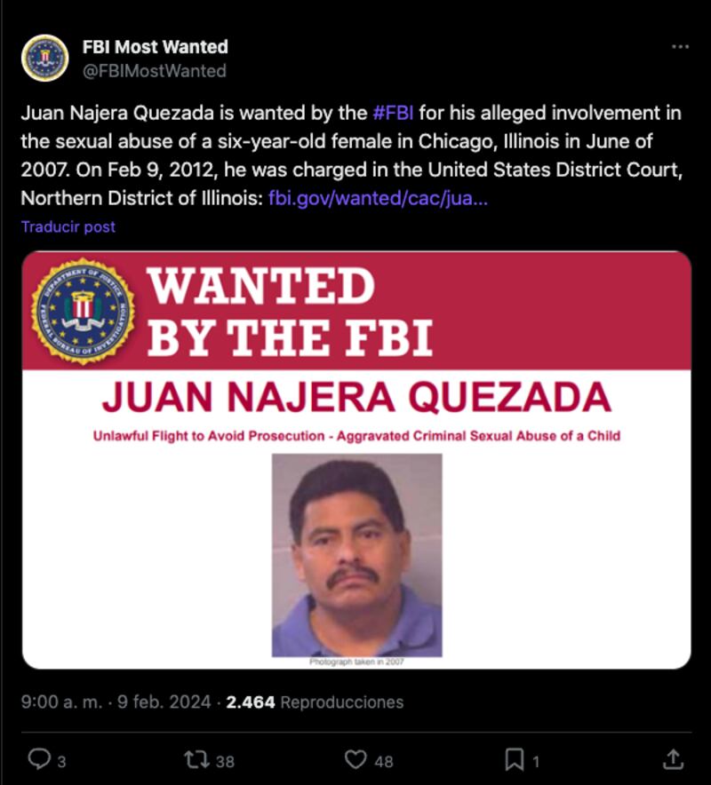 FBI busca al mexicano Juan Najera Quezada por abuso sexual de menores en EE.UU.