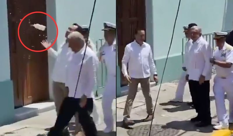 Video ataque a AMLO en Veracruz: Manifestantes le lanzan botella durante su visita