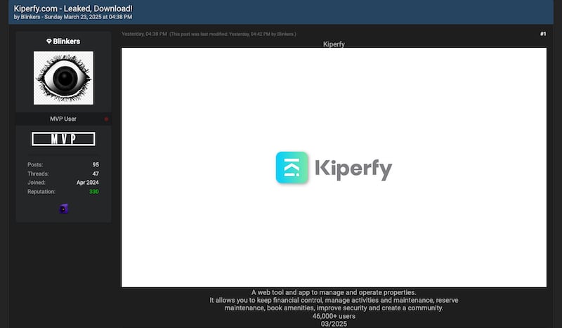 Publicación en la dark web promocionando los datos de miles de usuarios de Kiperfy.