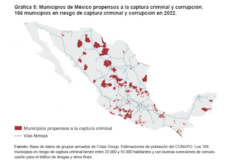 Municipios de México propensos a la captura criminal y corrupción. 166 municipios en riesgo de captura criminal y corrupción en 2022.