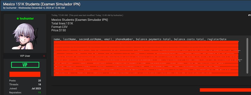 Publicación en la dark web en la que se ofertan datos de usuarios del simulador del IPN.