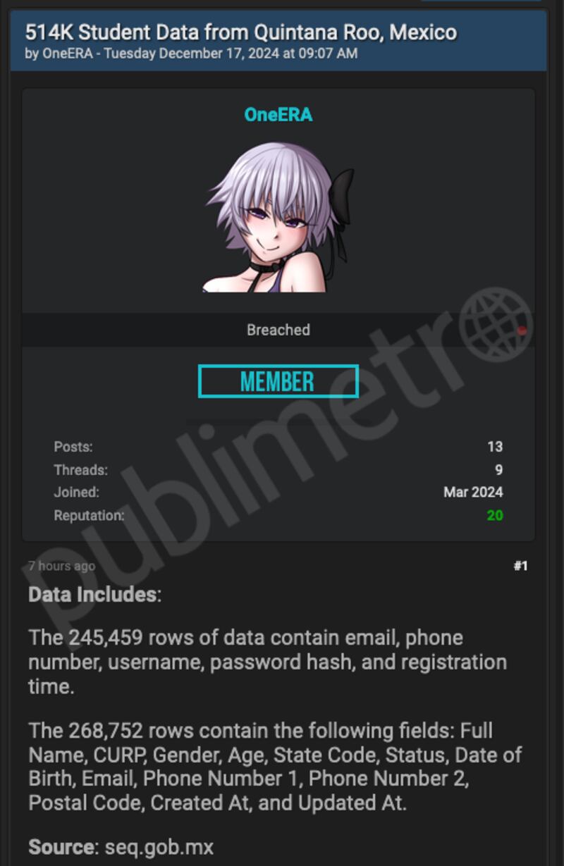La dark web ofrece una base con 514 mil registros de estudiantes mexicanos, incluyendo CURP, teléfonos y correos electrónicos.