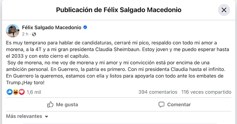 Félix Salgado mensaje en Facebook