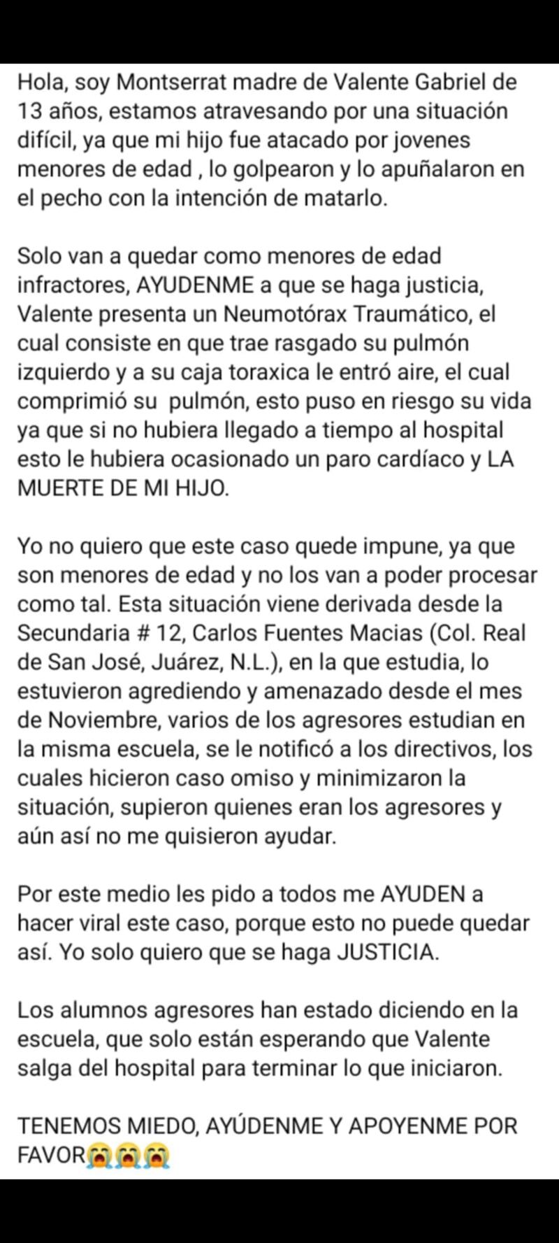 La mamá de Valente pide apoyo para que se haga justicia.