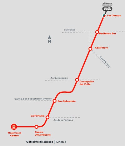 Esquema del recorrido de la Línea 4 a Tlajomulco.