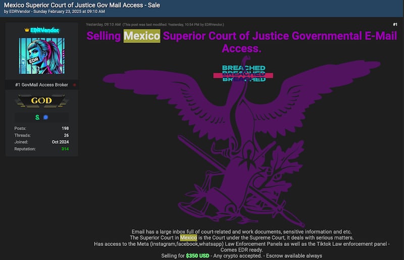 EDRVendor pone a la venta un supuesto acceso a la SCJN por $350 dólares, pero expertos dudan de su autenticidad.