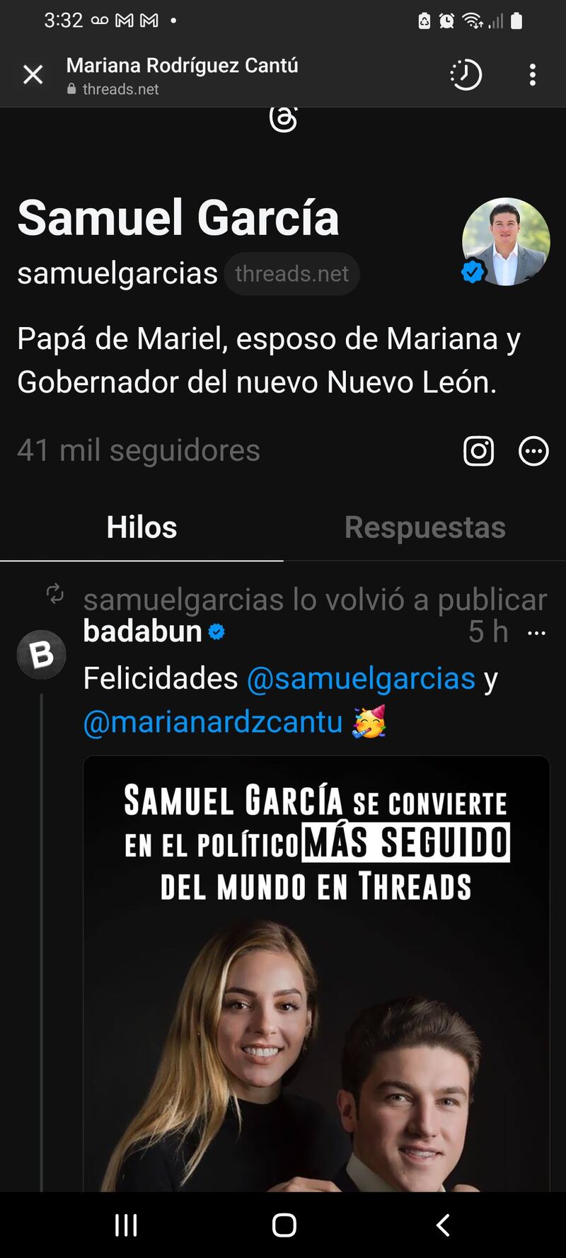 El emecista señala que es político más seguido en Threads en el mundo.