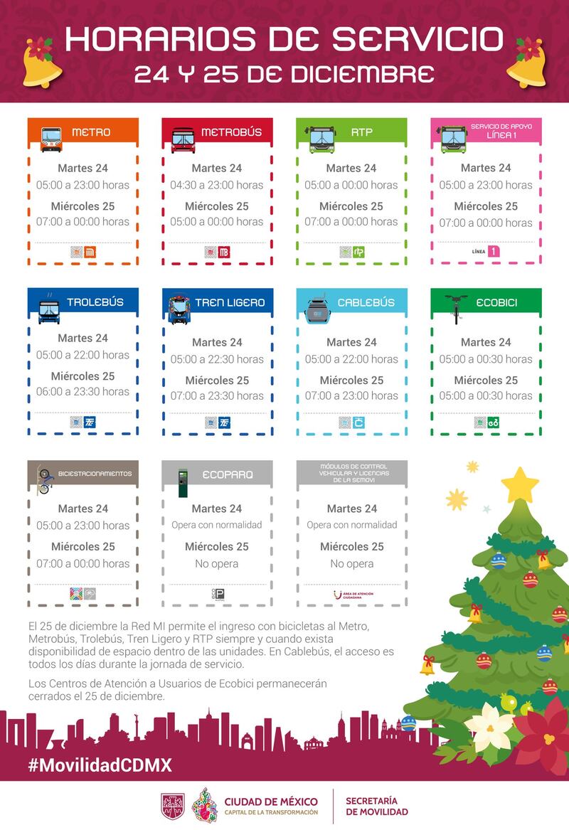 Horarios Transporte CDMX 24 de diciembre