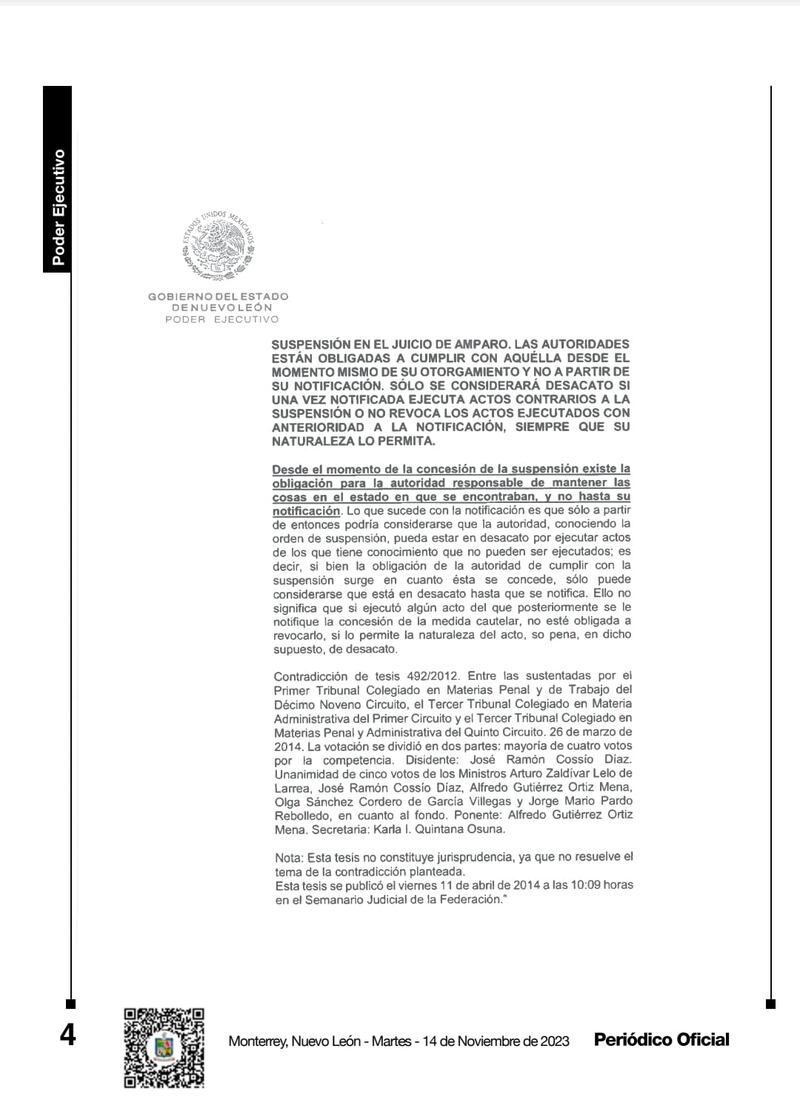 García publicó en el Periódico Oficial la suspensión de amparo.