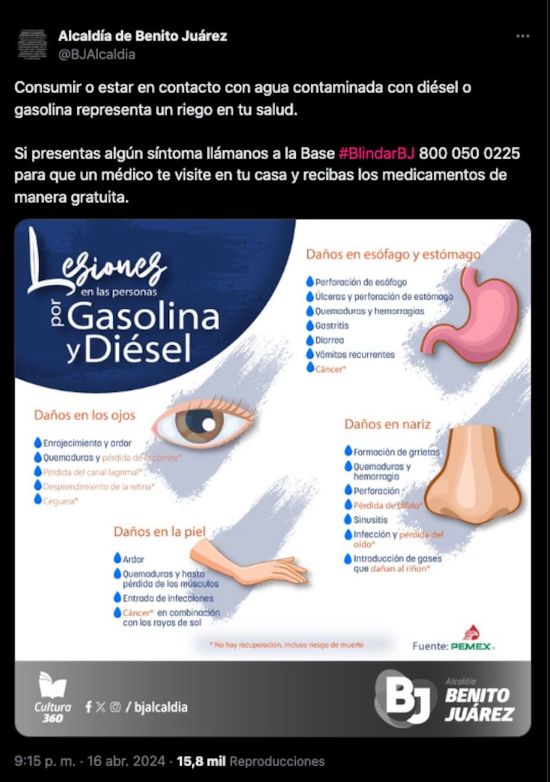 Alcaldía Benito Juárez revela que agua contaminada con diésel o gasolina puede provocar cáncer