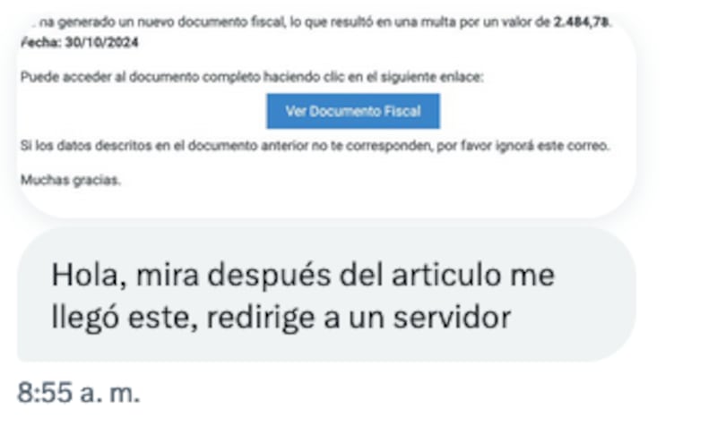 Reporte de otro intento de phishing desde una cuenta oficial.