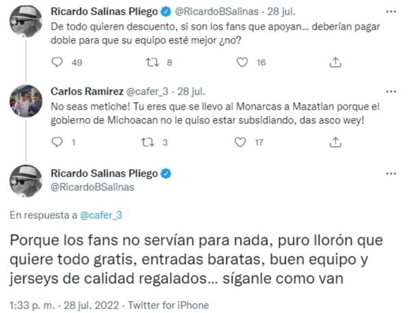 La respuesta del empresario Ricardo Salinas Pliego ante la postura de un usuario en Twitter