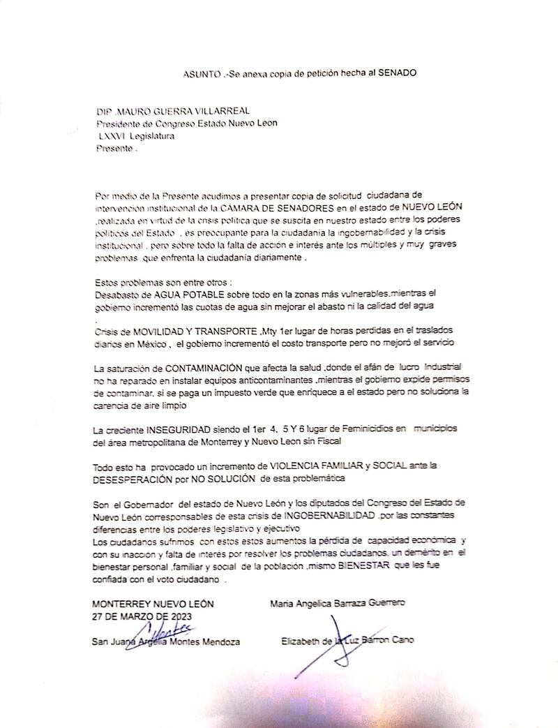 El escrito-notificación fue presentado en la Oficialía de Partes del Congreso.