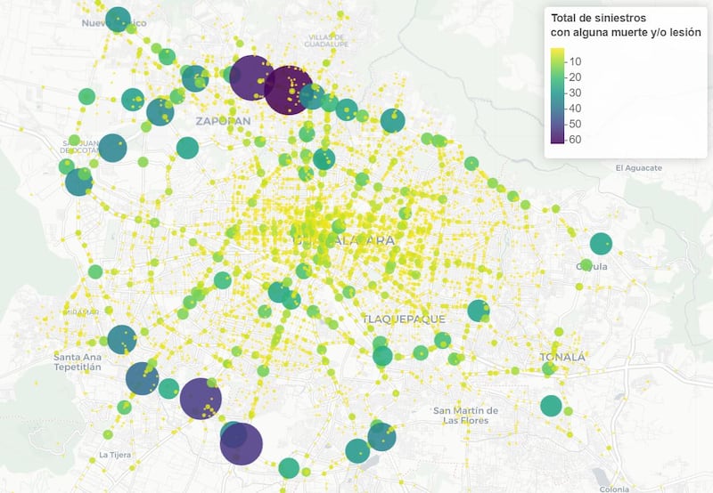 Ubicación de los puntos más peligrosos de la Zona Metropolitana de Guadalajara.