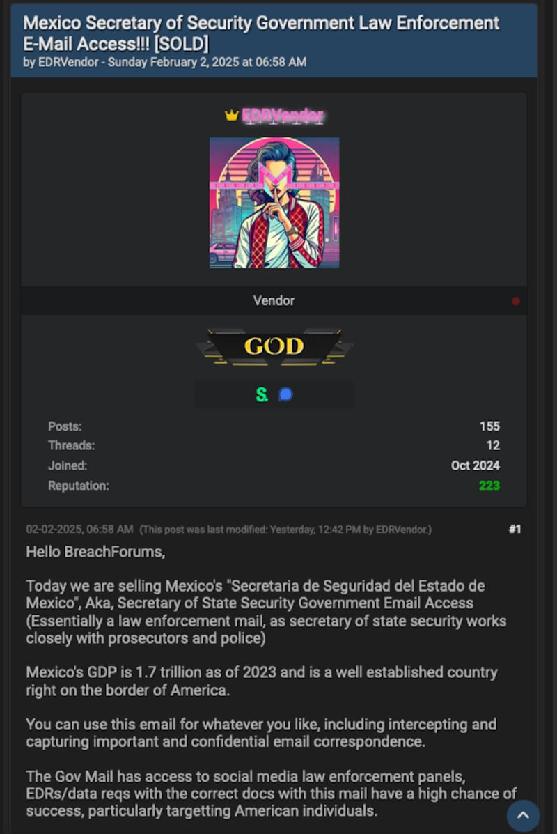 Publicación en la que EDRVendor firma que ha vendido el acceso al correo de México.