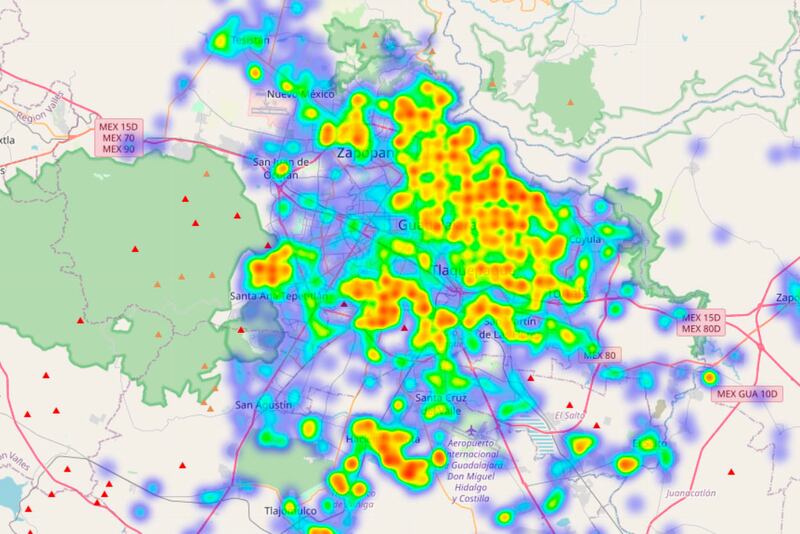 Este mapa de calor muestra los puntos de la Zona Metropolitana de Guadalajara considerados como focos rojos por casos de violencia intrafamiliar.